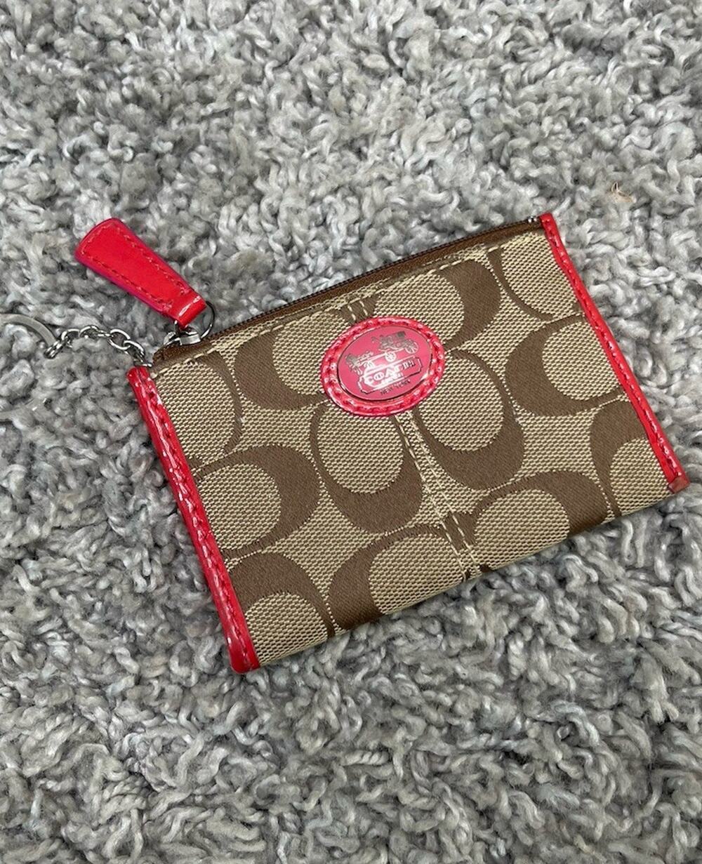 Coach Brown Tan Pink CC ID Holder Key Chain Keychain Jacquard Fabric